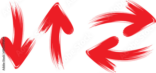 Red Hand Drawn Brush Arrows Direction Set. Abstract Red Paint Stroke Arrows for Navigation.