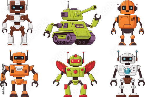 Cartoon robot character set with diverse designs, colors, and features for technology, AI, gaming, and educational illustrations.