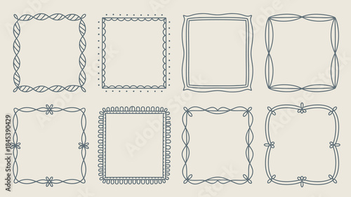Set of 8 elegant blank decorative frames with intricate line designs for photo or text, isolated on beige background.