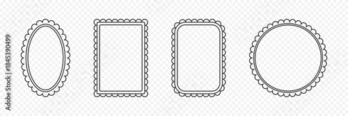 Retro packaging label border set. Line art scallop ellipse rectangle circle frame set. Cute labels design for branding. Vector template for invitation, wedding, handmade product package