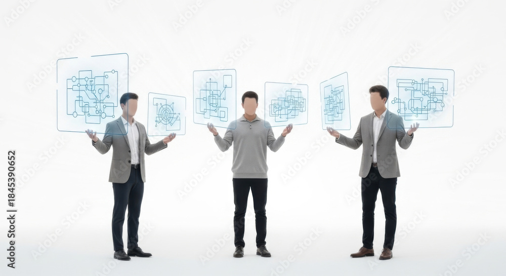 Fototapeta premium Three Men Interacting with Floating Digital Schematics in Futuristic Space