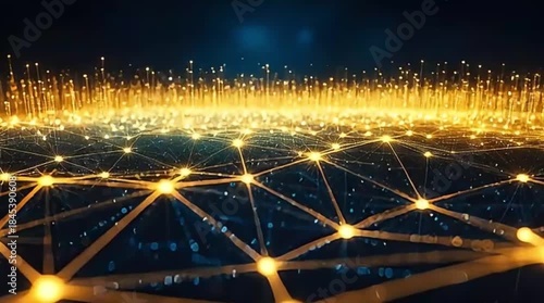 An abstract digital network with glowing golden nodes and lines on a dark blue background, symbolizing interconnected technology, global data flow, and futuristic innovation.