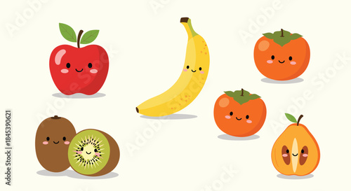 Adorable collection of kawaii fruit characters including a smiling apple, banana, kiwi, and persimmon against a simple background.