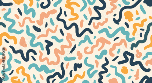 Playful seamless pattern of abstract hand-drawn squiggles and wavy lines in a modern color palette of teal, peach, and blue.