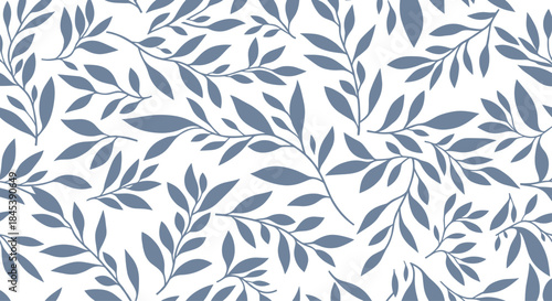 Elegant and simple seamless botanical pattern featuring stylized dusty blue leaves and branches arranged on a clean white background.