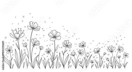 A delicate hand-drawn border of various wildflowers and grasses in black and white line art with copy space available.