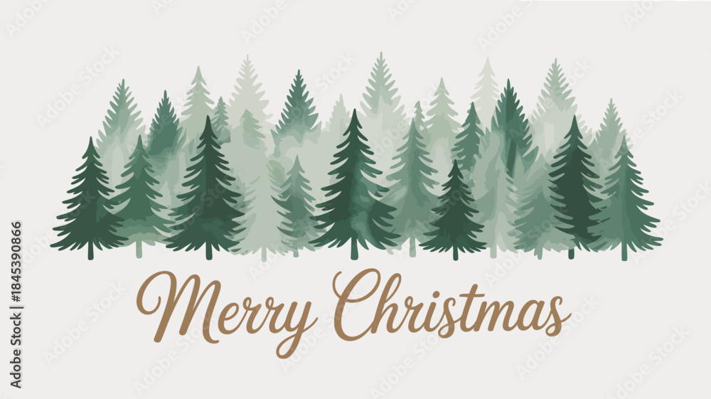 Fototapeta premium Merry Christmas Card with Watercolor Pine Trees