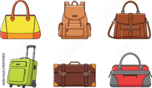 Cartoon-style bag collection with suitcase, backpack, handbag, duffel, and travel accessories in colorful fashion and utility designs