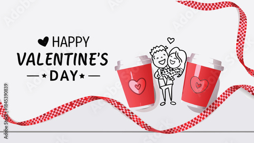 Happy valentine's day lovers cheers with coffee mugs and heart design on white background with red ribbon