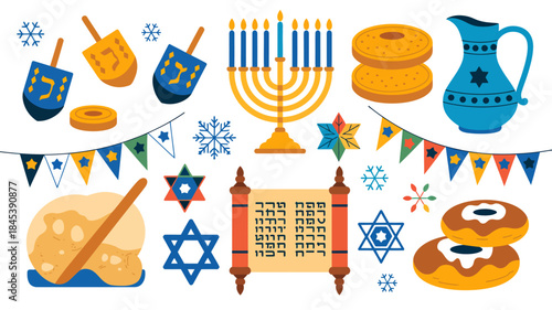 Hanukkah celebration symbols and objects, Jewish holiday elements