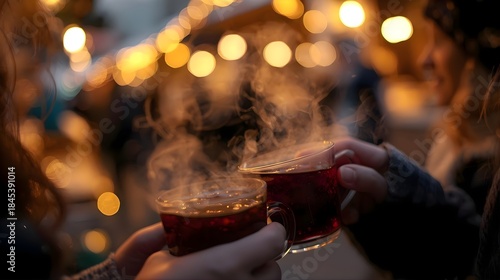 Steaming Hot Mulled Wine Shared at Cozy Christmas Market in Winter