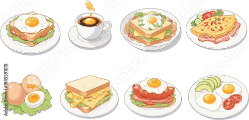 Cartoon-style breakfast food illustration set featuring eggs, sandwiches, coffee, and vegetables for culinary, menu, and nutrition design use.
