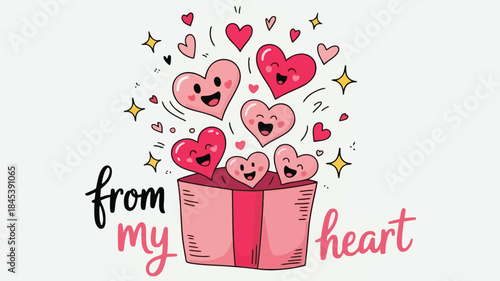 A gift envelope with hearts popping out on a soft background with sparkles and text from my heart, pink and red hearts with smiling faces