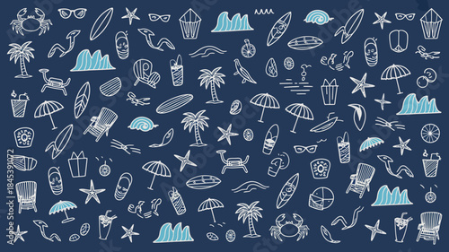 Beach Summer Vacation Icon Set with White Illustrations on Dark Blue Background
