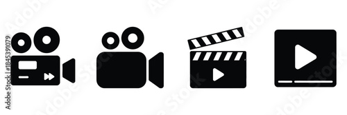 video icon set with camera, movie, and cinema icons clean vector style, suitable for video production apps, film projects, digital media dashboards, and modern illustration layouts.