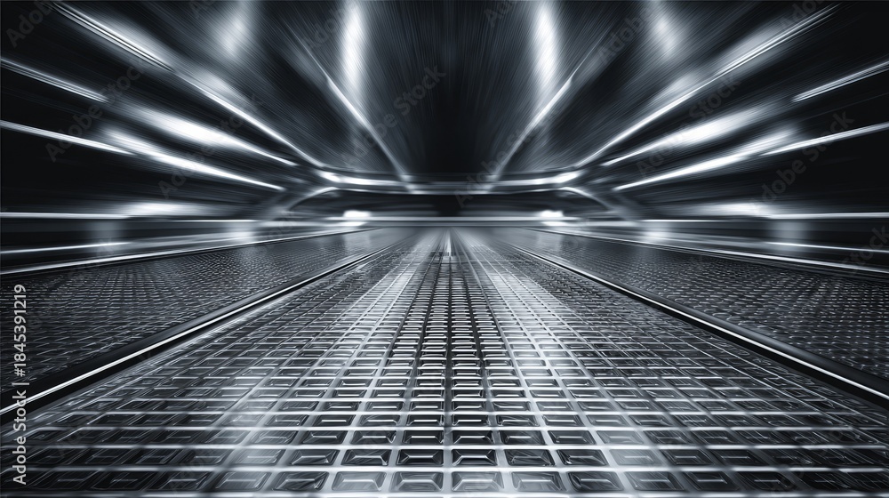 Obraz premium Sleek monochromatic abstract tunnel with a patterned metallic floor and blurred light trails, creating a dynamic sense of high speed and futuristic technology.