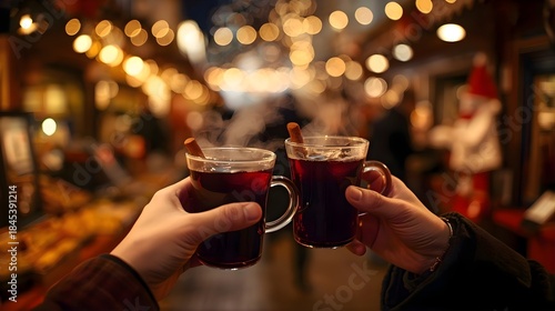 Friends Clinking Hot Mulled Wine at Festive Christmas Market at Night
