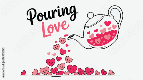 A white teapot pours out tiny happy hearts, symbolizing love and affection in a whimsical and romantic illustration