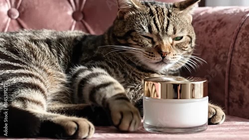 Cat Nap - A Felines Luxurious Rest with Beauty Cream on Pink Couch.