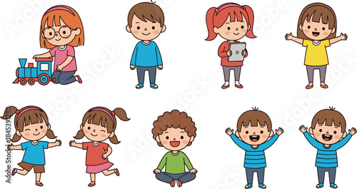 Cartoon-style children in playful poses and activities including dancing, sitting, playing, and holding toys in colorful illustration set