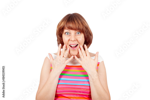 Shocked and surprised woman with wide eyes and expressive gestures on white background