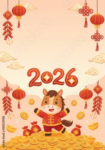 Cute Cartoon Horse Celebrating Chinese New Year 2026 with Traditional Decorations and Gold Coins.