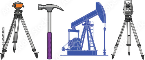 Cartoon-style engineering and construction tools including survey instruments, hammer, and oil pump jack, ideal for technical and industrial illustrations