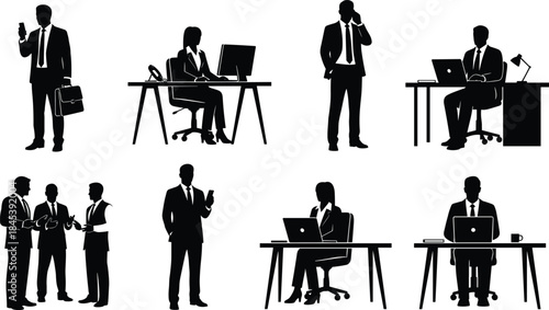 Business people silhouettes working in office, communicating, and using digital devices vector set, professional employees and corporate team at work