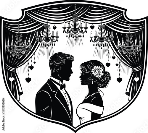 Classic wedding couple silhouette in ornate shield frame, elegant bride and groom, luxurious vintage curtains, multiple chandeliers, love and marriage vector.