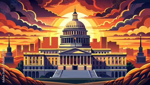 Very beautiful dramatic sunset over the U.S. Capitol Building, warm glowing sky, strong silhouette, rich color contrast, and majestic atmosphere captured in a refined vector illustration style.