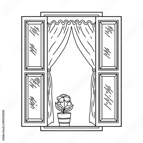 Hand drawn open window with curtains and potted plant outline isolated on white background. Perfect for decorations, logo, various designs