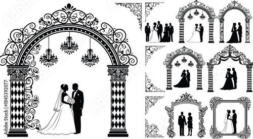 Collection of ornate wedding silhouettes, decorative vintage arches, classical corners, and bride and groom vector icons for invitation design.