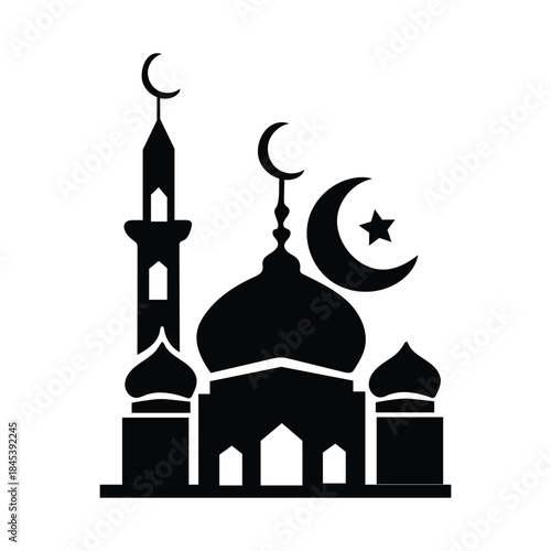 Symbol of Devotion: A minimalist black silhouette of a mosque, showcasing its distinctive dome, minaret, and crescent moon, epitomizing the elegance of Islamic architecture and spiritual significance.