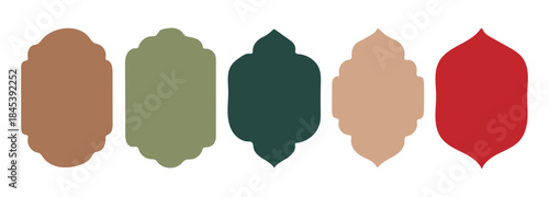 Geometric Harmony: A series of vibrant, abstract shapes, each with unique forms and earthy hues, arranged to create a visually captivating, modern aesthetic. 
