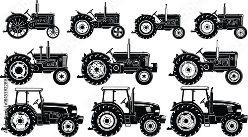Monochrome Vintage and Modern Farm Tractor Vector Icons Set Showing Different Agricultural Machine Silhouettes for Farming Concepts