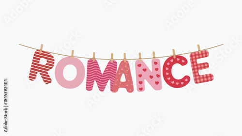 The word romance displayed on a horizontal clothesline with colorful letters and clothespins on a white background