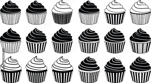 Set of black and white cupcake vector illustrations, monochrome sweet dessert icons with striped wrappers and swirled frosting for bakery design elements