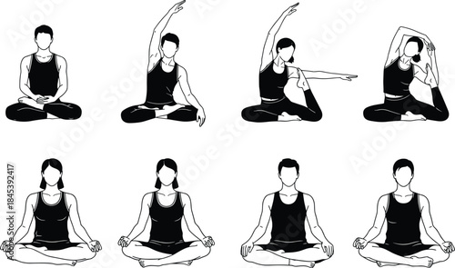 Set of black and white yoga silhouettes featuring men and women in various seated and stretching poses, ideal for fitness and meditation design.