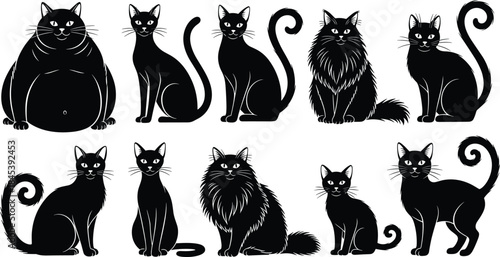 Set of black cat silhouettes in various poses and breeds, including fat, fluffy, and sleek domestic felines, perfect for pet design graphics.