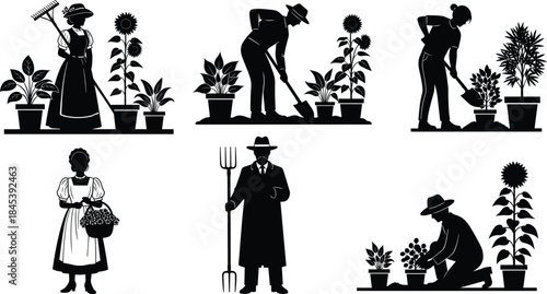 Set of black silhouettes showing people engaged in various gardening activities, tending to potted plants and flowers, vector illustration icons