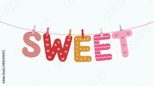 Colorful hanging letters spelling sweet each lovely word on pink string with clips
