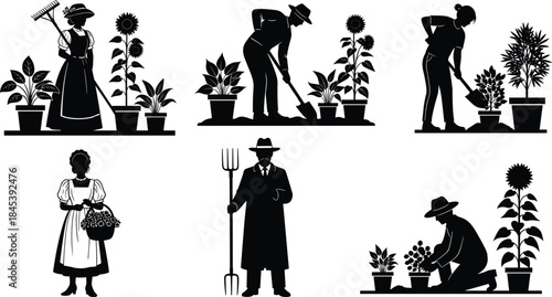Set of black silhouettes showing people engaged in various gardening activities, tending to potted plants and flowers, vector illustration icons