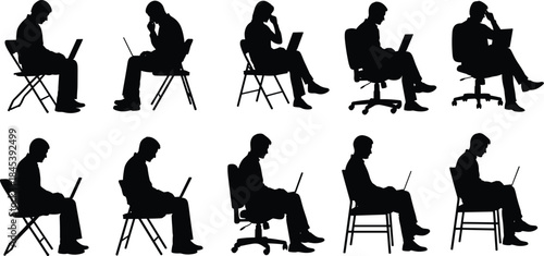 Set of black silhouettes showing young people sitting and working on laptops, with some talking on the phone, vector illustration icons collection