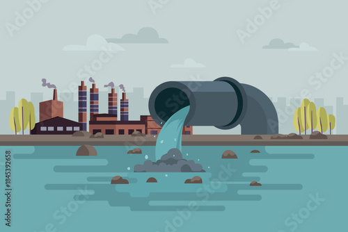 Environmental pollution caused by industrial production. A factory emits smoke through its chimneys, and wastewater from the stack is discharged into a river. Vector illustration.