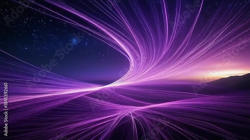 Deep purple cosmic horizon with glowing threads drifting slowly in ethereal atmosphere