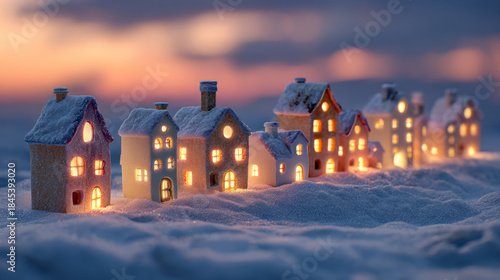 Fototapeta Naklejka Na Ścianę i Meble -  Snow village miniature houses winter dusk glow warm light