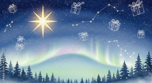 Magical Christmas night scene with constellation gifts, aurora borealis, and snowy pine forest landscape.
