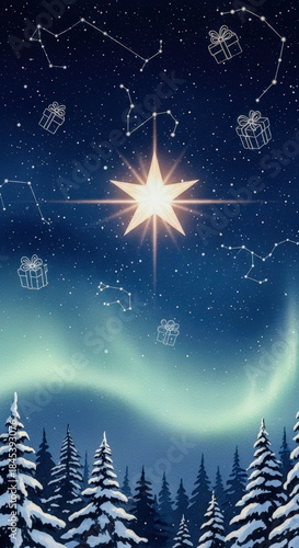Magical winter night scene with starry sky, aurora borealis, snow-covered pine trees, and sparkling gift boxes conveying holiday wonder.