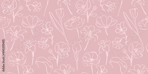 Pink seamless pattern with different hand drawn ink flowers