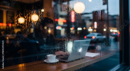 Digital nomad working in coffee shop seen through cafe window, natural reflections and condensation blur obscuring laptop screen, street scene reflection overlay, atmospheric urban workspace
